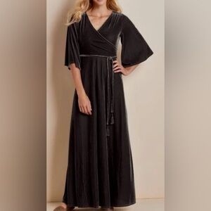 Soft Surroundings charcoal gray Velvet Wrap Maxi with Bell Sleeves